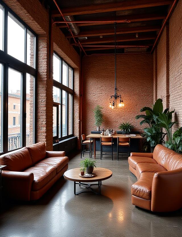Loft industriale modernizzato con pareti in mattoni e arredi in metallo